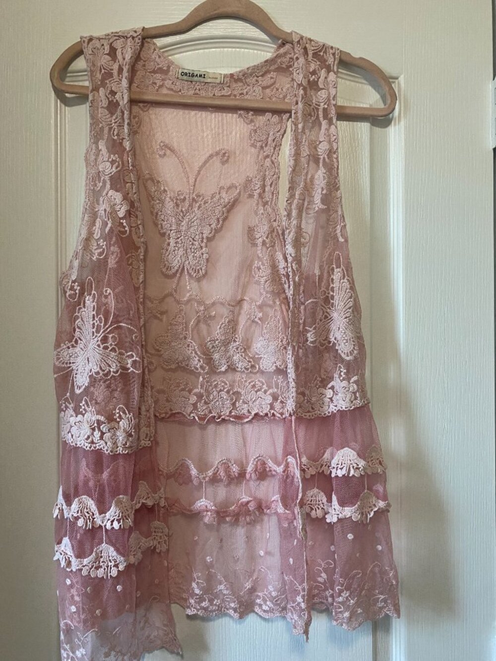 Origami by Vivien Pink Lace Butterfly Embroidered Sheer Duster Vest - Picture 2 of 11